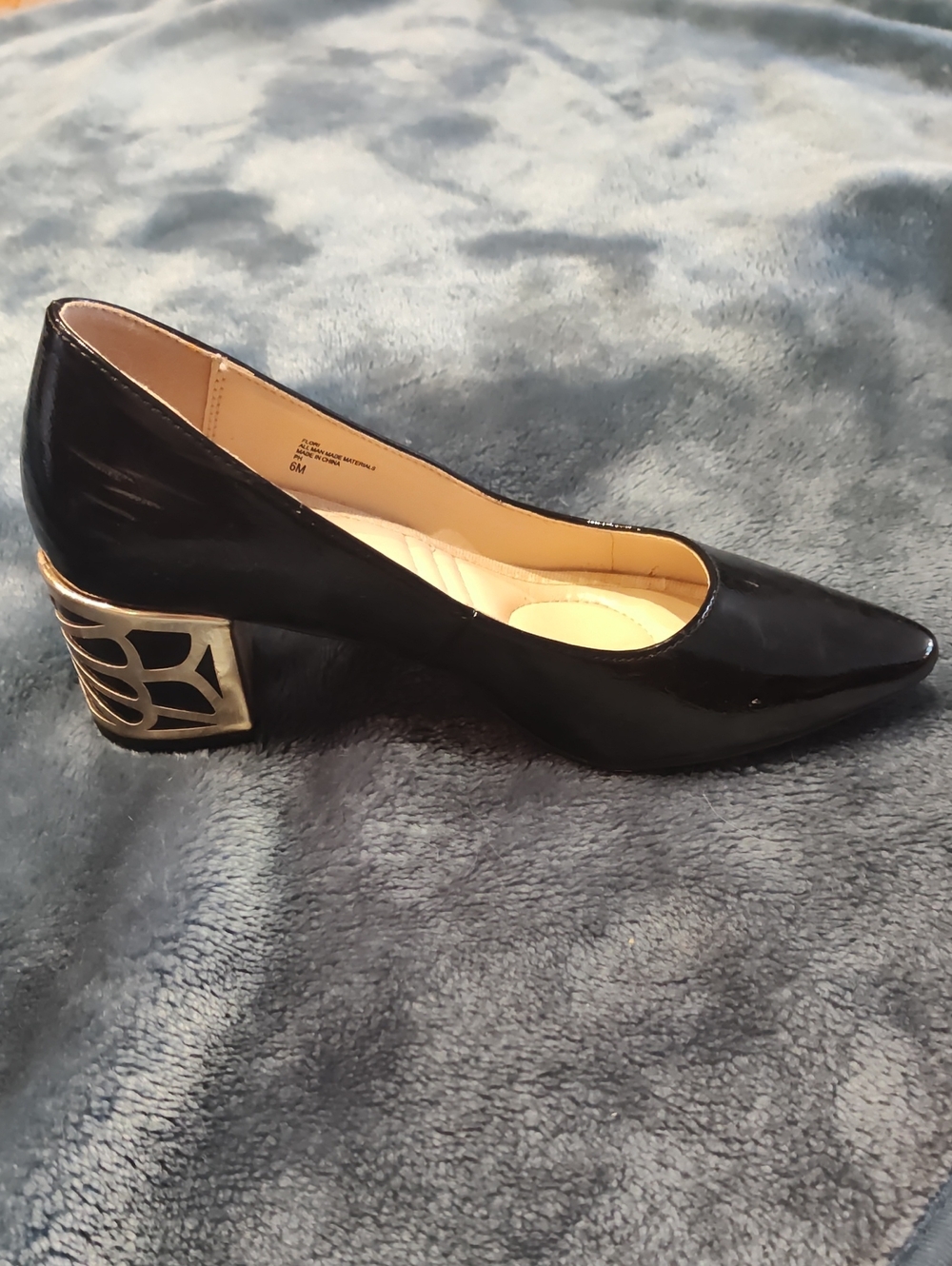 Adrienne Vittadini Black Patent Leather Block Heel Pumps with Gold Accent